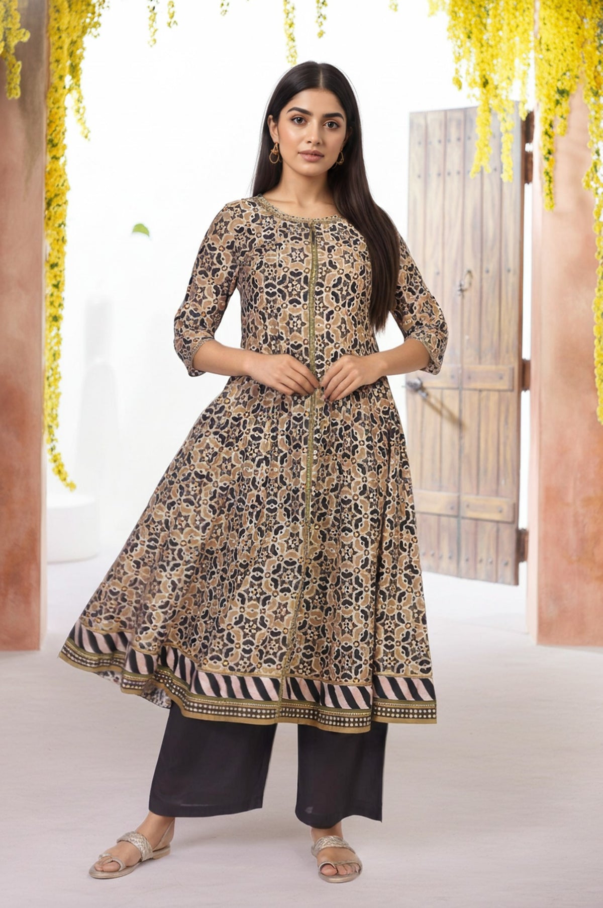 Beige Geometric Printed Embroidered Anarkali Cotton Kurta with Parallel Pant Set - XS