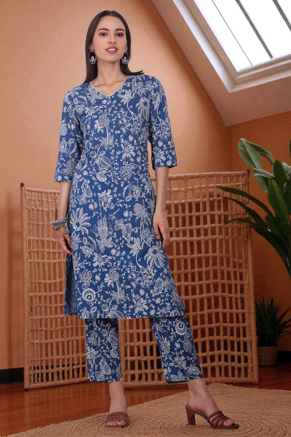 Blue Floral Printed Modal Straight Kurta and Pants Co-ord Set