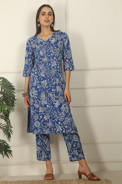 Blue Floral Printed Modal Straight Kurta and Pants Co-ord Set