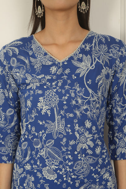 Blue Floral Printed Modal Straight Kurta and Pants Co-ord Set