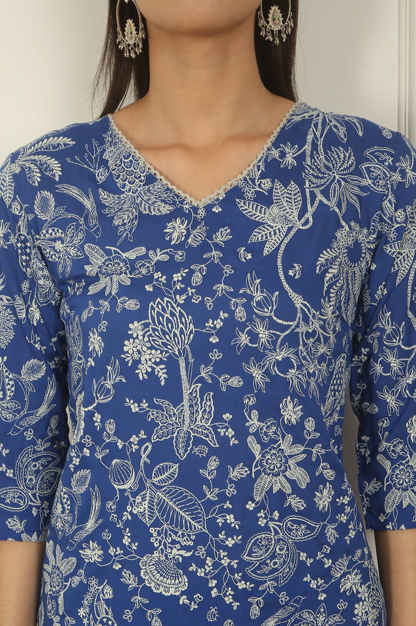 Blue Floral Printed Modal Straight Kurta and Pants Co-ord Set