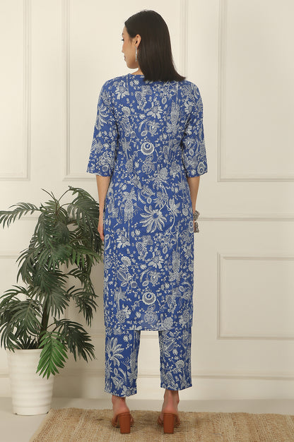 Blue Floral Printed Modal Straight Kurta and Pants Co-ord Set