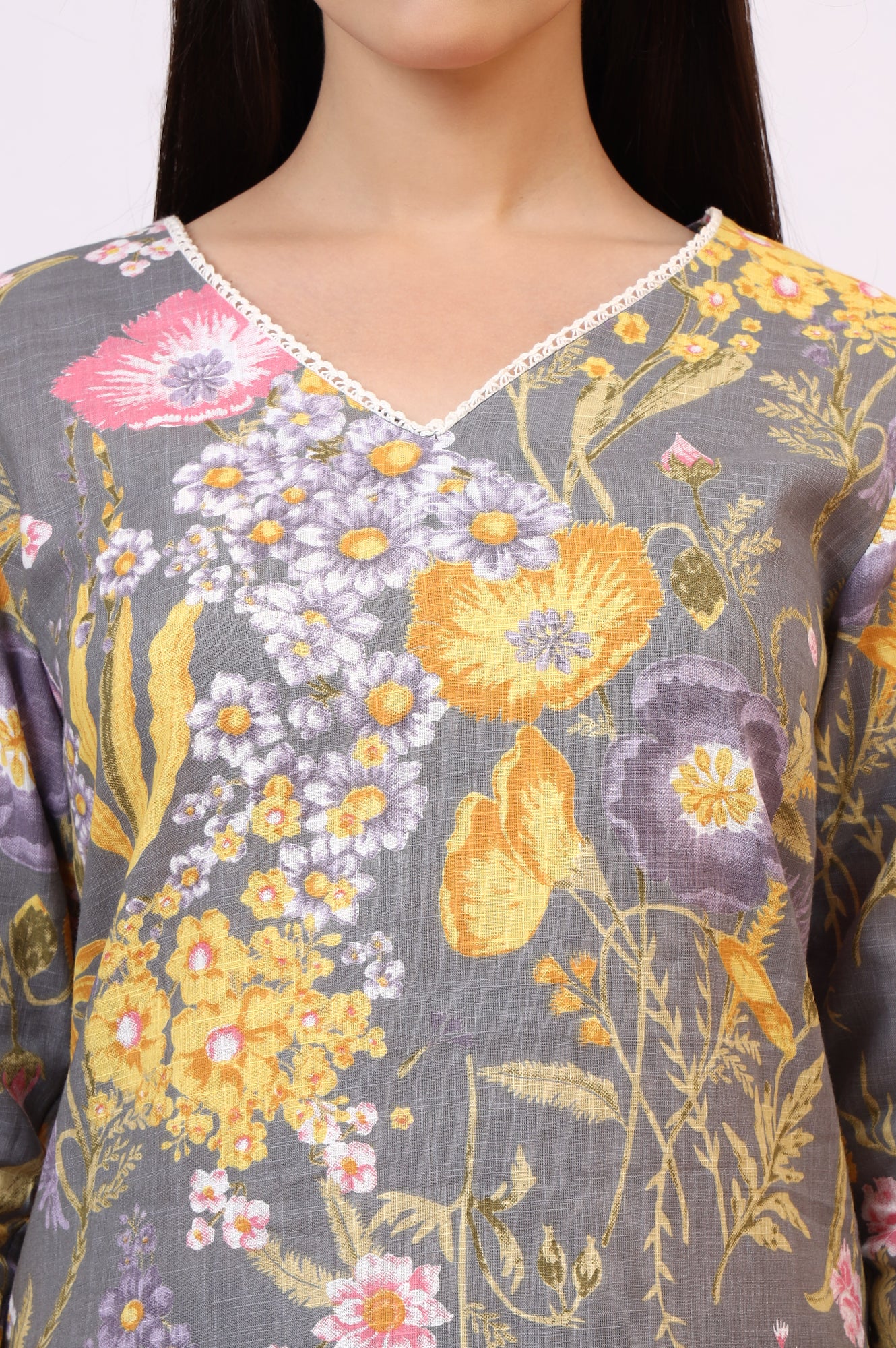 Grey Floral Printed Pure Cotton Straight Kurta and Pants Co-ord Set