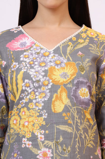 Grey Floral Printed Pure Cotton Straight Kurta and Pants Co-ord Set