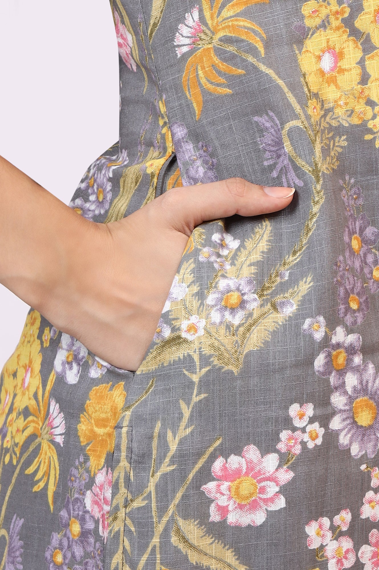 Grey Floral Printed Pure Cotton Straight Kurta and Pants Co-ord Set