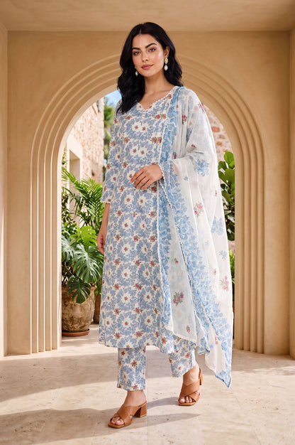White Floral Printed Lace Pure Cotton Straight Anarkali Kurta with Pants and Dupatta Set