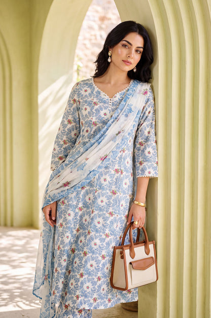 White Floral Printed Lace Pure Cotton Straight Anarkali Kurta with Pants and Dupatta Set