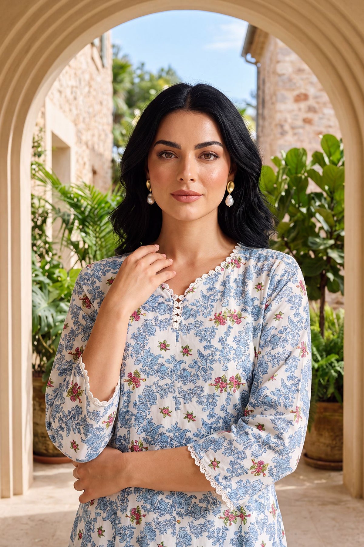 White Floral Printed Lace Pure Cotton Straight Anarkali Kurta with Pants and Dupatta Set