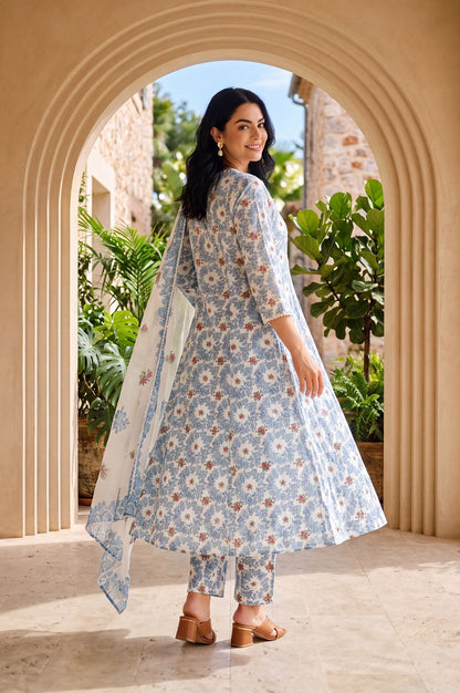 White Floral Printed Lace Pure Cotton Straight Anarkali Kurta with Pants and Dupatta Set