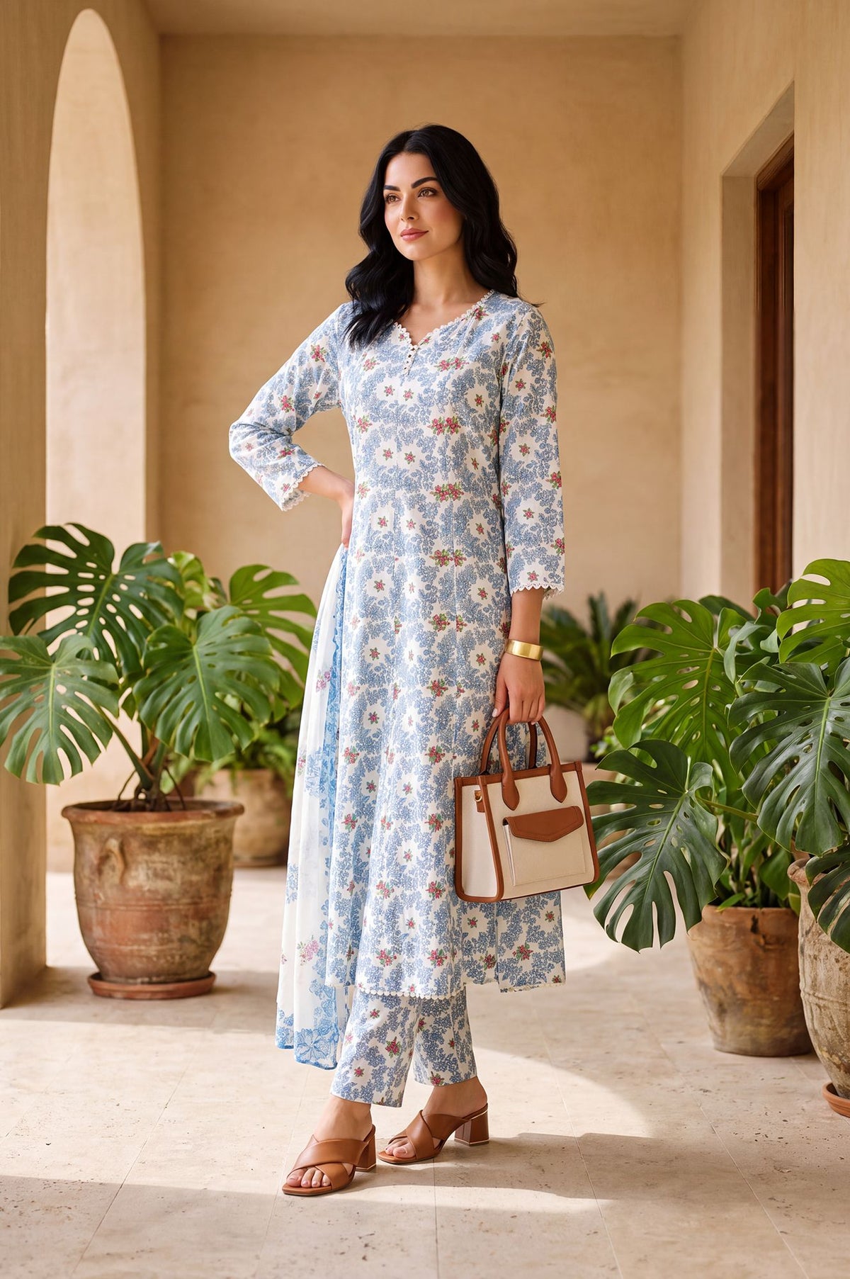 White Floral Printed Lace Pure Cotton Straight Anarkali Kurta with Pants and Dupatta Set