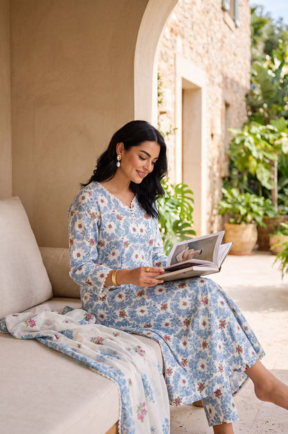 White Floral Printed Lace Pure Cotton Straight Anarkali Kurta with Pants and Dupatta Set