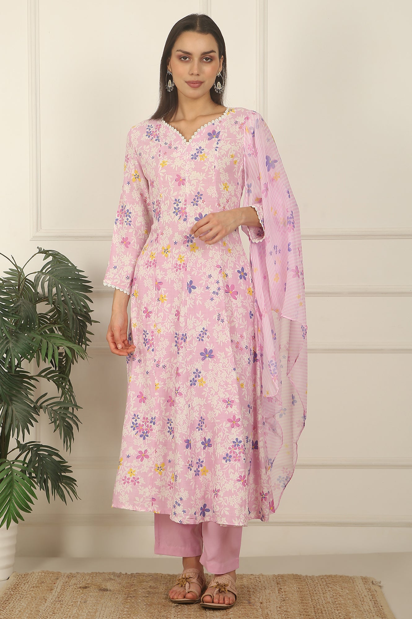 Pink Floral Printed Flared Rayon Kurta, Pants and Dupatta Set