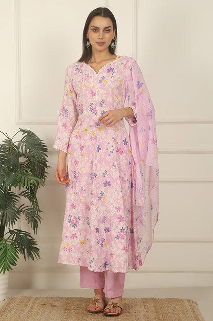 Pink Floral Printed Flared Rayon Kurta, Pants and Dupatta Set