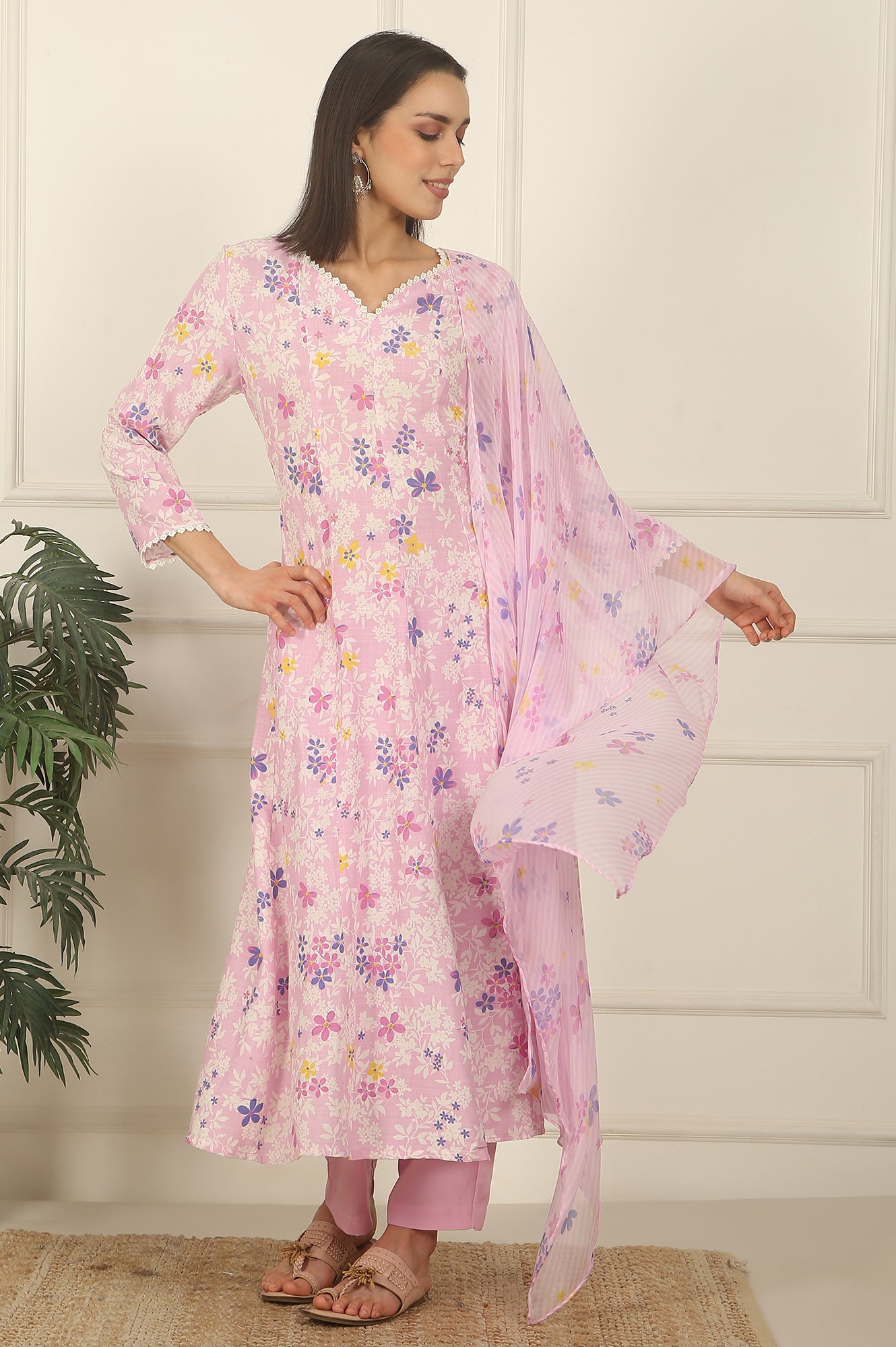 Pink Floral Printed Flared Rayon Kurta, Pants and Dupatta Set