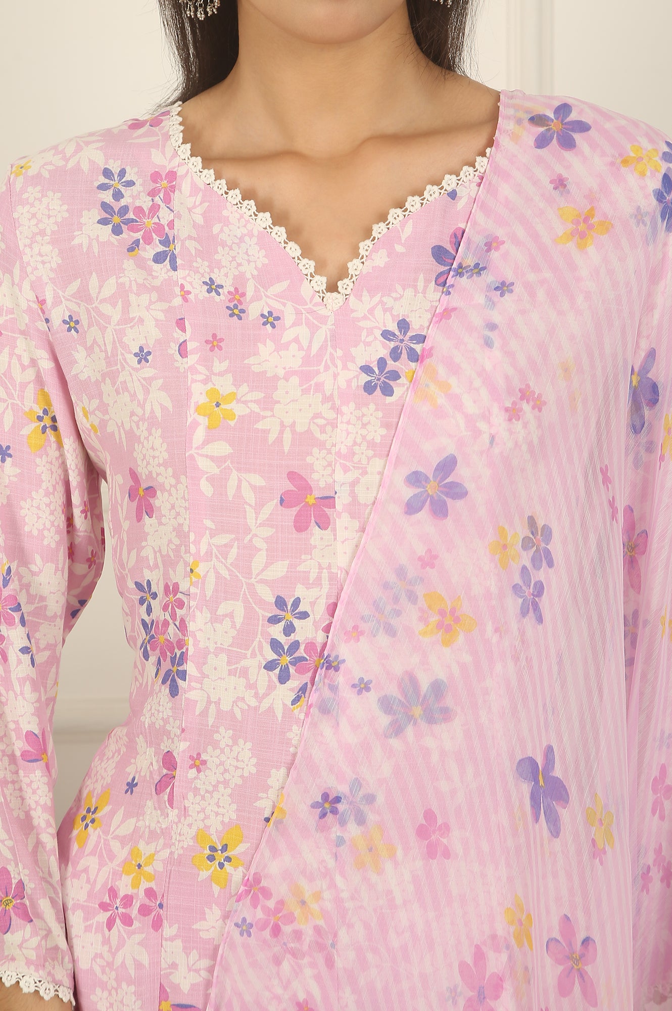 Pink Floral Printed Flared Rayon Kurta, Pants and Dupatta Set
