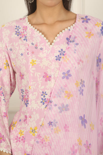 Pink Floral Printed Flared Rayon Kurta, Pants and Dupatta Set