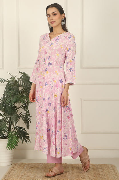 Pink Floral Printed Flared Rayon Kurta, Pants and Dupatta Set