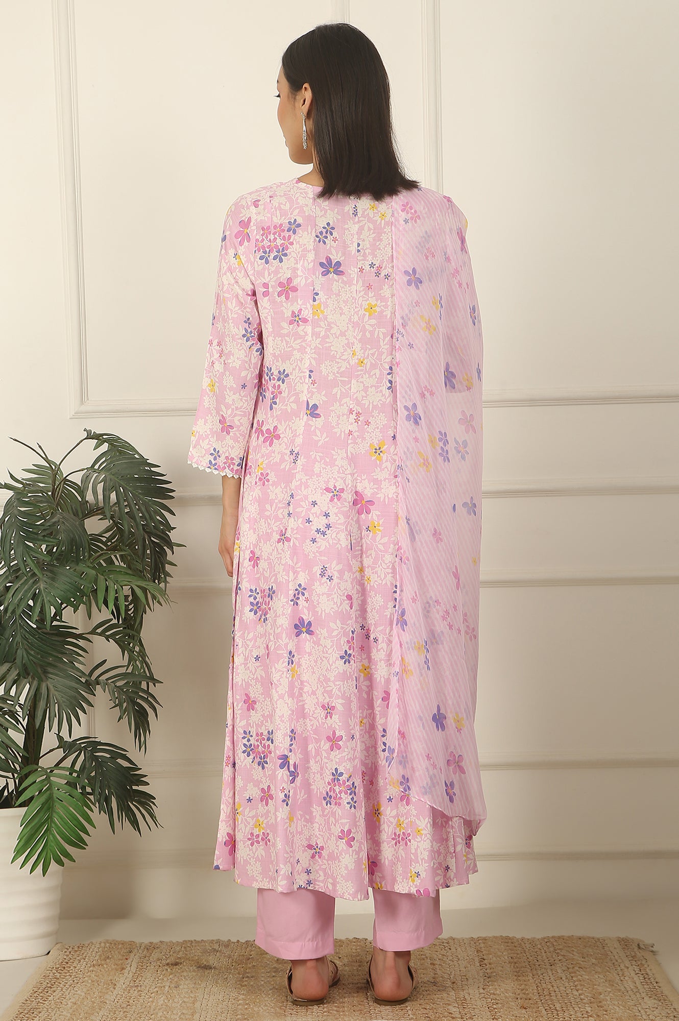 Pink Floral Printed Flared Rayon Kurta, Pants and Dupatta Set