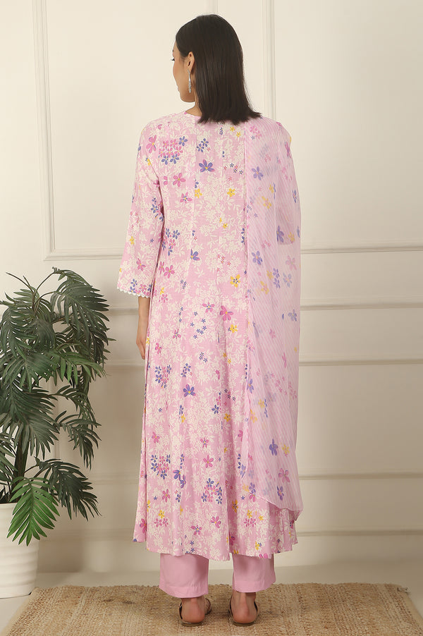Pink Floral Printed Flared Rayon Kurta, Pants and Dupatta Set