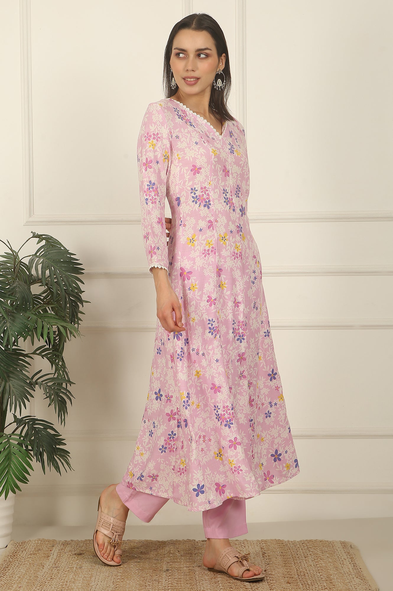 Pink Floral Printed Flared Rayon Kurta, Pants and Dupatta Set