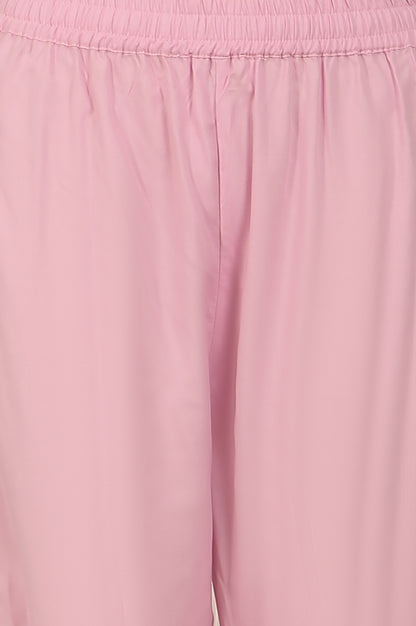 Pink Floral Printed Flared Rayon Kurta, Pants and Dupatta Set