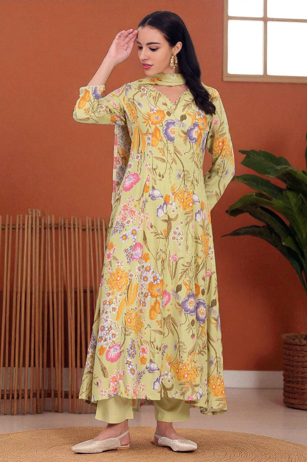 Light Green Floral Printed Rayon Anarkali Kurta, Pant and Dupatta Set