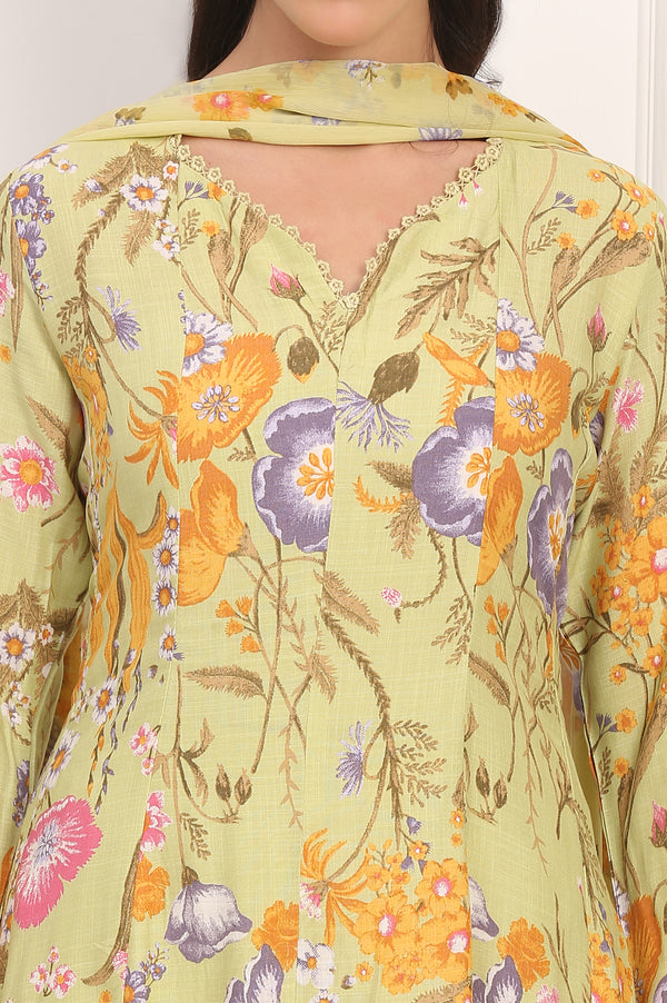 Light Green Floral Printed Rayon Anarkali Kurta, Pant and Dupatta Set