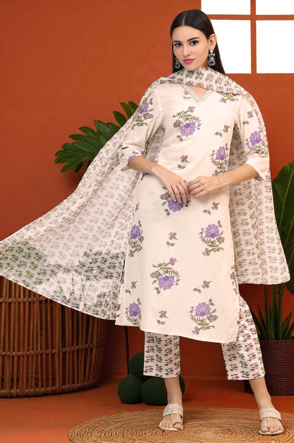 White Floral Printed Pure Cotton Straight Kurta and Pants Co-ord Set with Dupatta