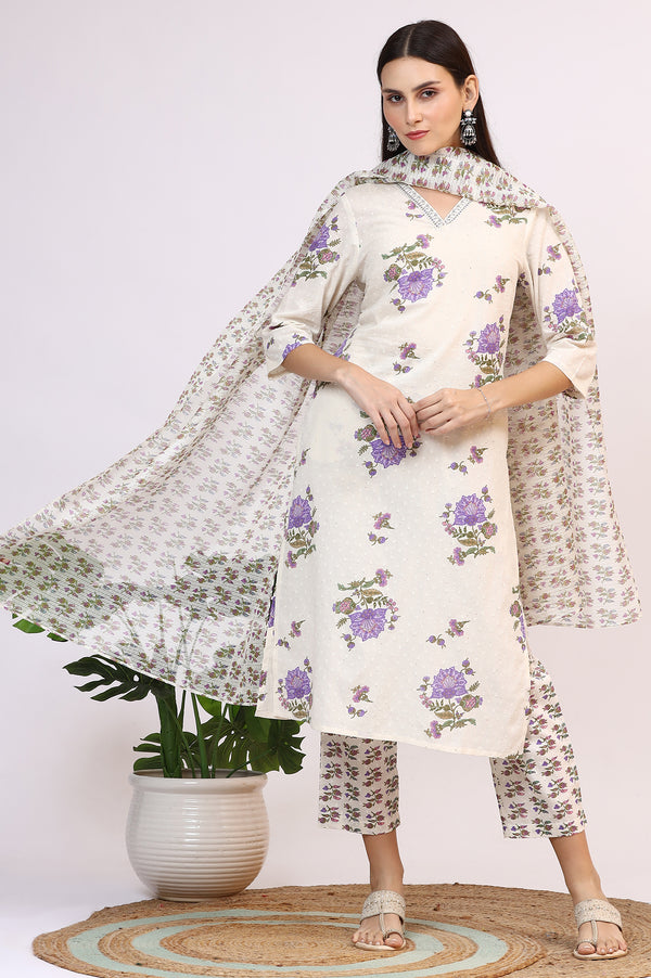 White Floral Printed Pure Cotton Straight Kurta and Pants Co-ord Set with Dupatta