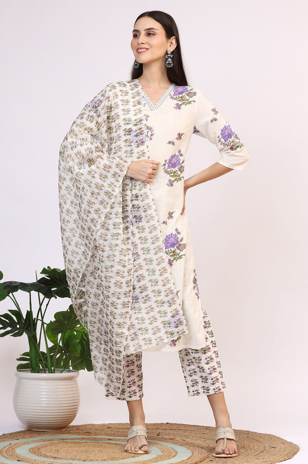 White Floral Printed Pure Cotton Straight Kurta and Pants Co-ord Set with Dupatta