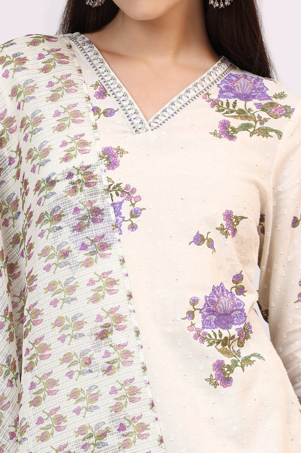 White Floral Printed Pure Cotton Straight Kurta and Pants Co-ord Set with Dupatta