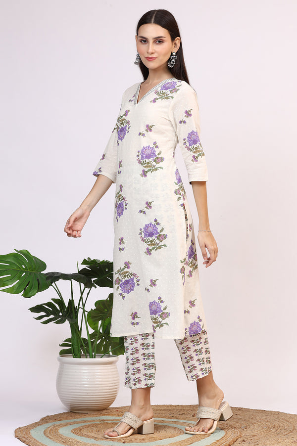 White Floral Printed Pure Cotton Straight Kurta and Pants Co-ord Set with Dupatta