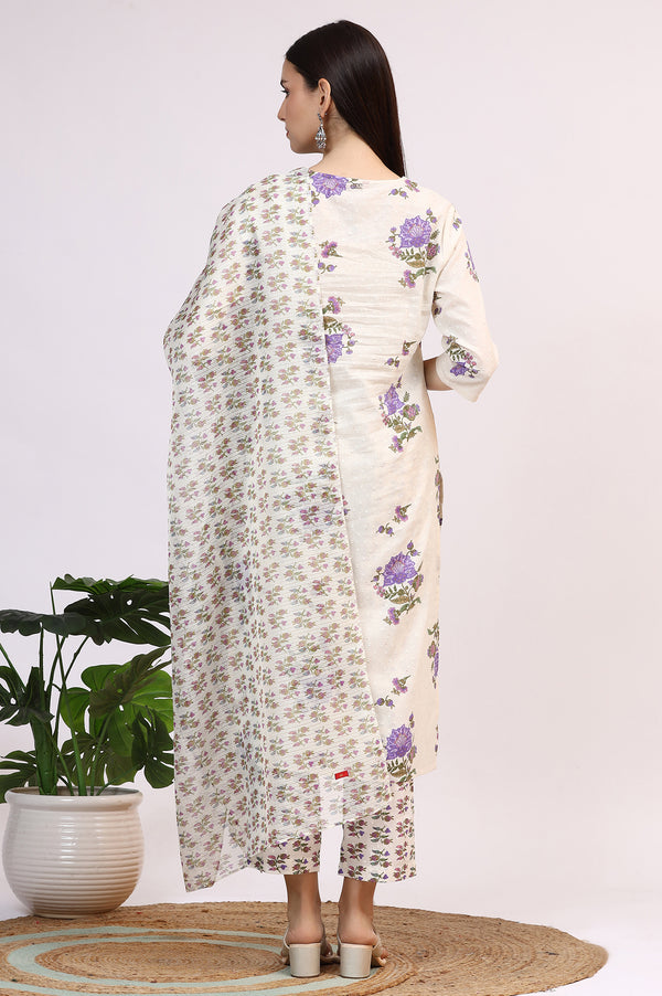 White Floral Printed Pure Cotton Straight Kurta and Pants Co-ord Set with Dupatta