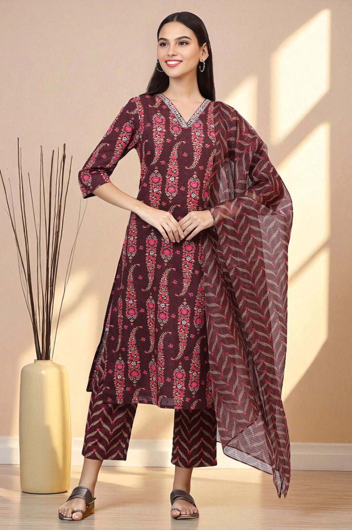 Wine Floral Printed Pure Cotton Straight Kurta and Pants Co-ord Set with Dupatta - S