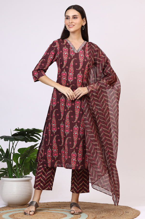 Wine Floral Printed Pure Cotton Straight Kurta and Pants Co-ord Set with Dupatta