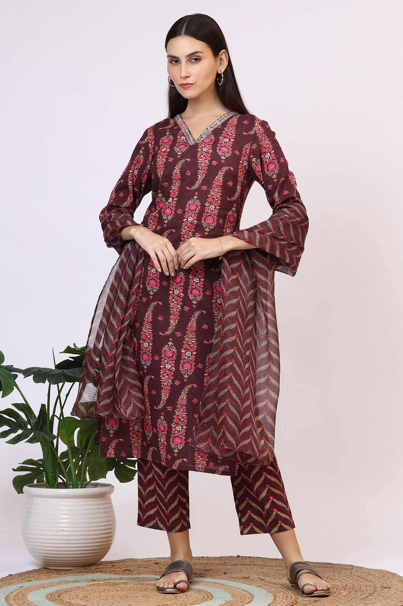 Wine Floral Printed Pure Cotton Straight Kurta and Pants Co-ord Set with Dupatta