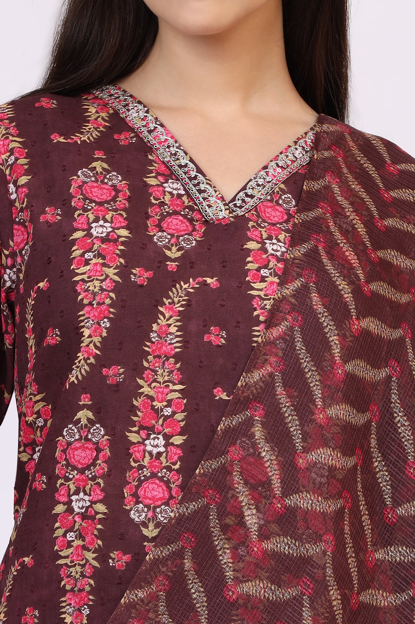 Wine Floral Printed Pure Cotton Straight Kurta and Pants Co-ord Set with Dupatta