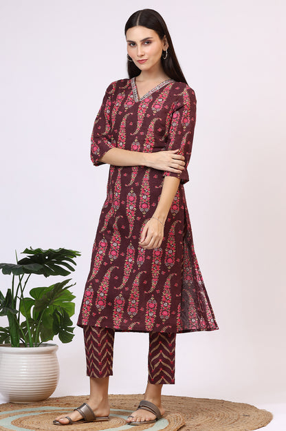 Wine Floral Printed Pure Cotton Straight Kurta and Pants Co-ord Set with Dupatta