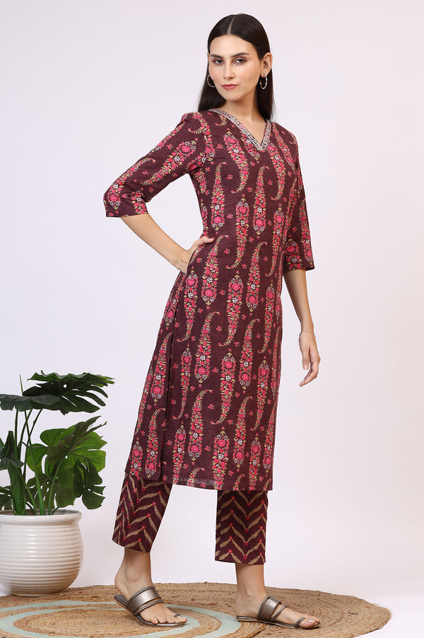 Wine Floral Printed Pure Cotton Straight Kurta and Pants Co-ord Set with Dupatta