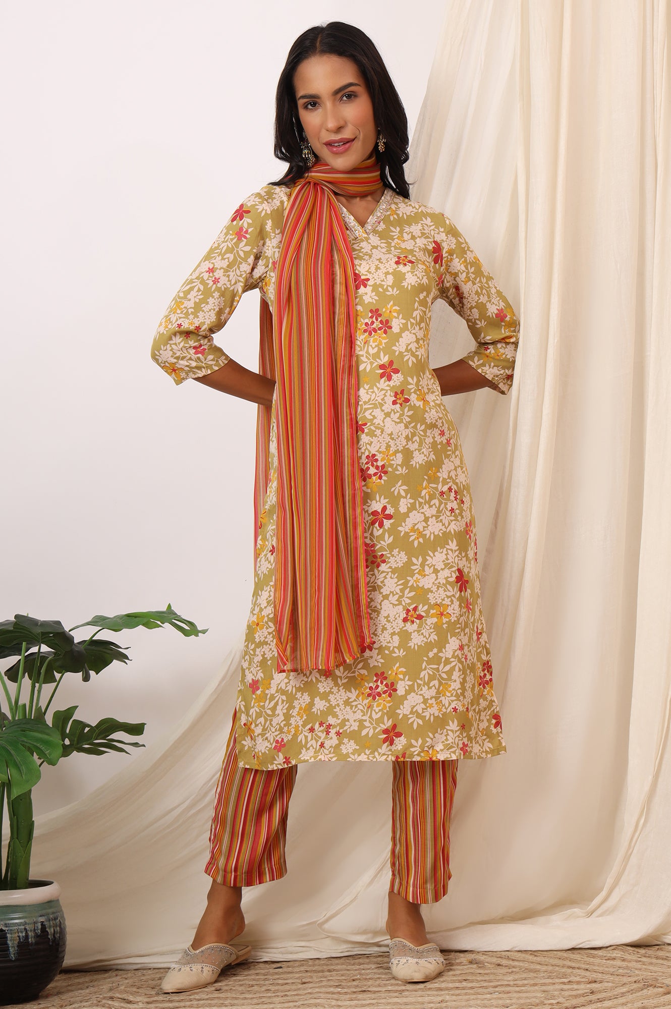 Beige Floral Printed Pure Cotton Straight Kurta, Pants and Dupatta Set