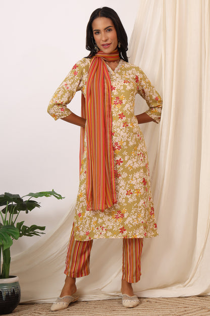 Beige Floral Printed Pure Cotton Straight Kurta, Pants and Dupatta Set