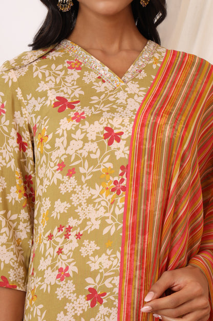 Beige Floral Printed Pure Cotton Straight Kurta, Pants and Dupatta Set