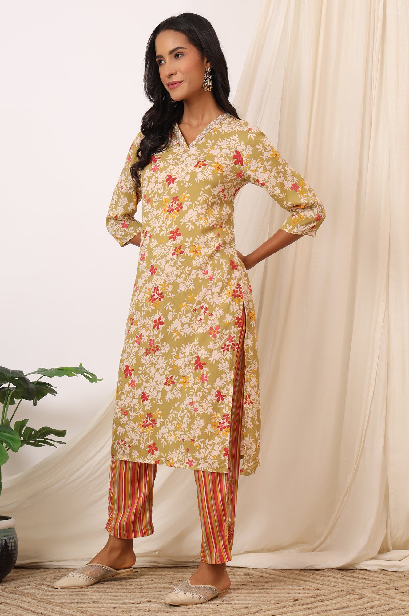 Beige Floral Printed Pure Cotton Straight Kurta, Pants and Dupatta Set
