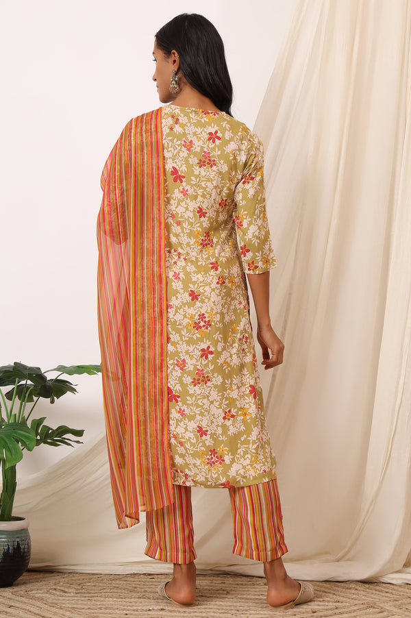 Beige Floral Printed Pure Cotton Straight Kurta, Pants and Dupatta Set