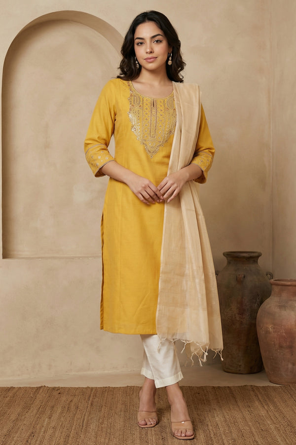 Yellow Embroidered A-Line Rayon Kurta with Straight Pant and Dupatta Set