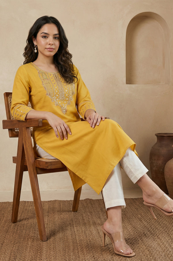 Yellow Embroidered A-Line Rayon Kurta with Straight Pant and Dupatta Set