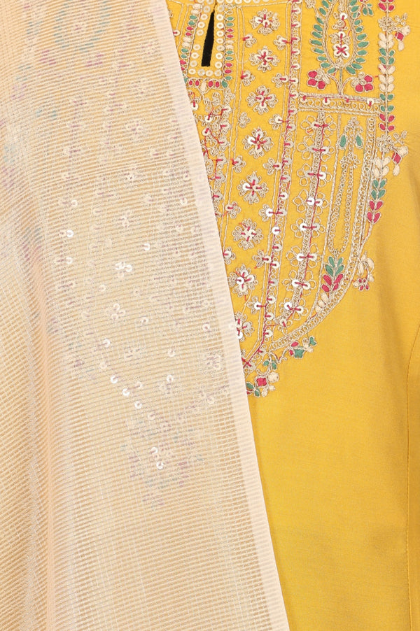 Yellow Embroidered A-Line Rayon Kurta with Straight Pant and Dupatta Set