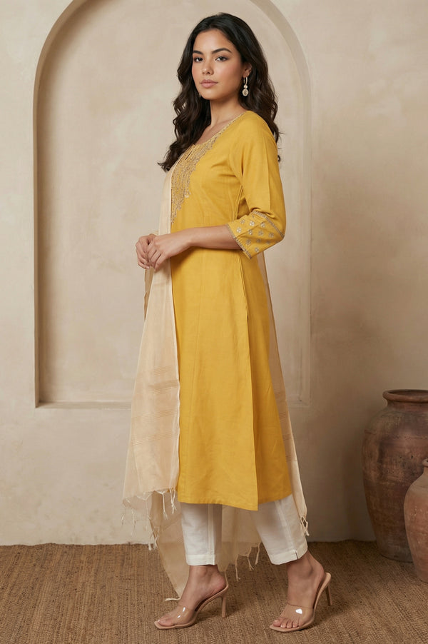 Yellow Embroidered A-Line Rayon Kurta with Straight Pant and Dupatta Set