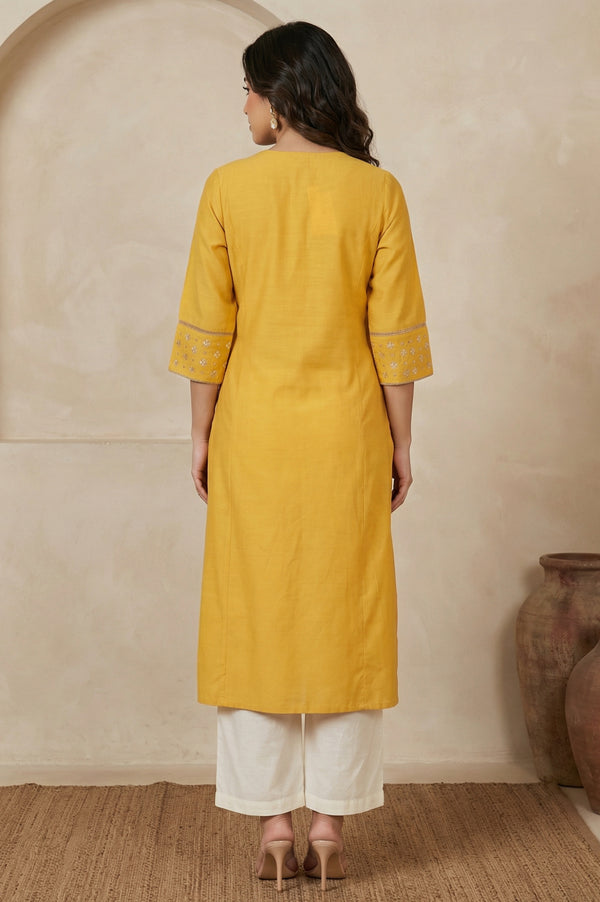 Yellow Embroidered A-Line Rayon Kurta with Straight Pant and Dupatta Set