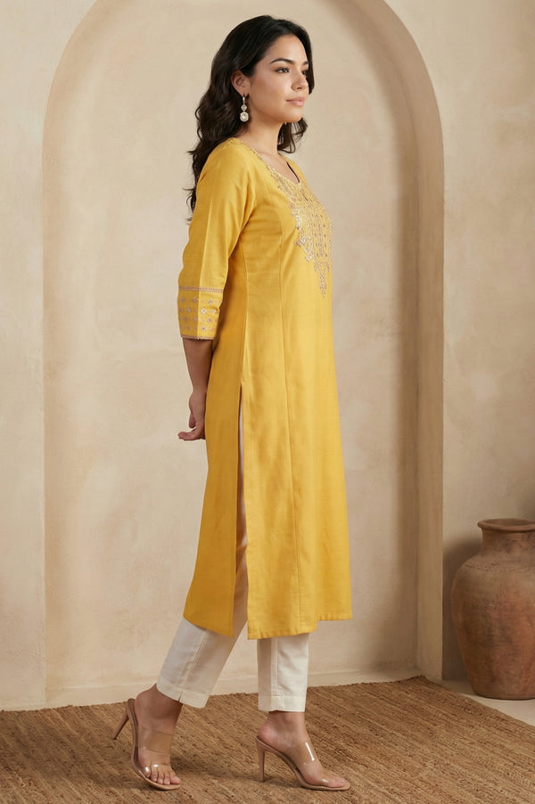 Yellow Embroidered A-Line Rayon Kurta with Straight Pant and Dupatta Set